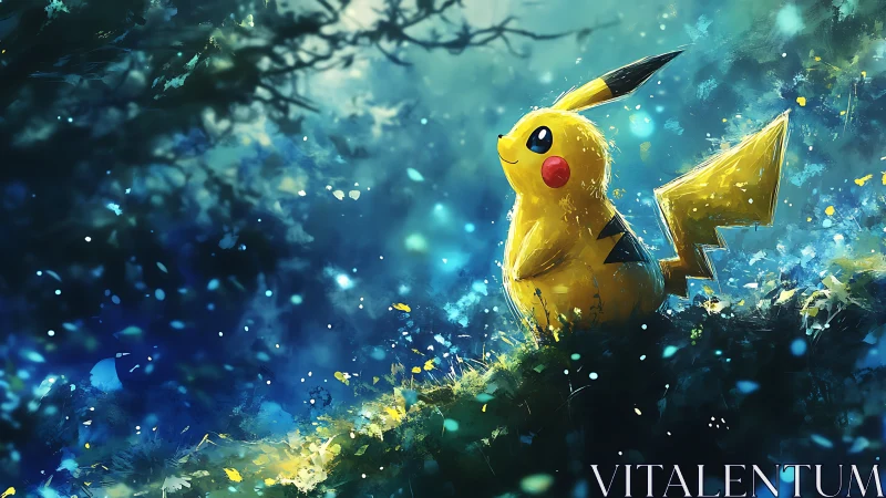 Pikachu resting in a sparkling forest of soft blue light.