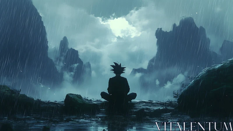 Silhouetted figure seated in rainy mountain landscape at dusk.