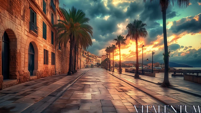 Golden sunset stroll lights up a peaceful seaside promenade