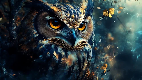 Majestic owl in mystical forest, digital art with vibrant colors.