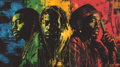 Triptych portrait of three men on textured color bands.