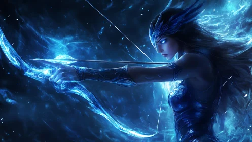 Celestial ice archer drawing a glowing spectral bowstring.