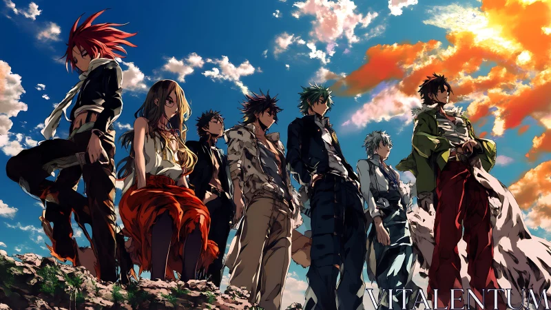Group of stylized youths stands against a clouded sky