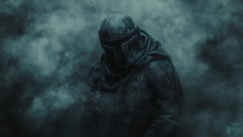 Armored silhouette in volumetric fog with cinematic contrast.