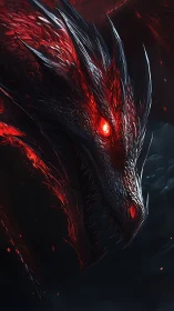 Infernal dragon head emerges from darkness in blazing red light.