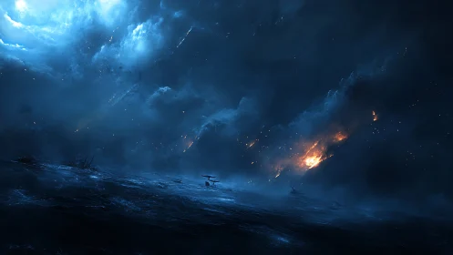 Apocalyptic ocean burns beneath shattered stars.