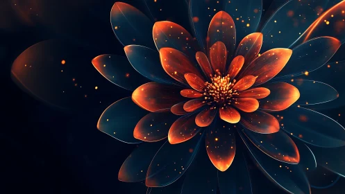 Luminous digital flower blooms in glowing ember petals.