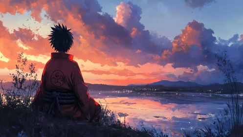 Figure in red robe viewing reflective lake at sunset.