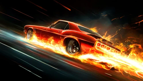 Red Muscle Car Engulfed in Flames Racing Motion.