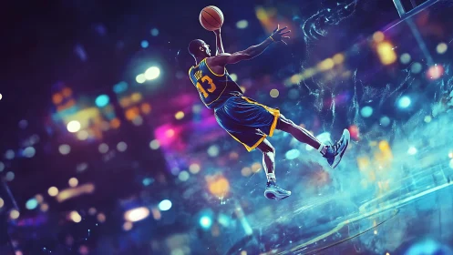 Basketball player jumps for dynamic shot in neon arena.