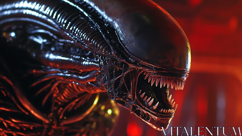 Biomechanical alien creature head in red-lit environment.