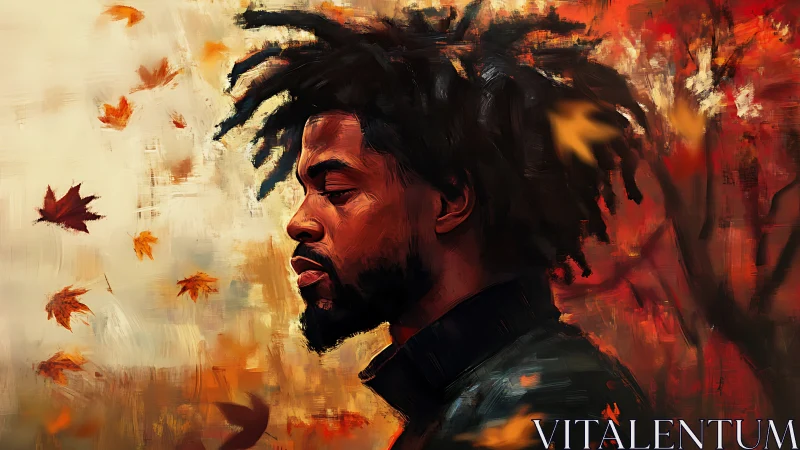 Autumnal portrait in warm impasto brushwork and drifting leaves.