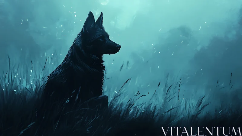 Nocturnal canine silhouette in teal atmospheric backlight.