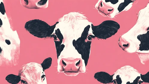 Holstein cow portraits on pink minimalist vector field.