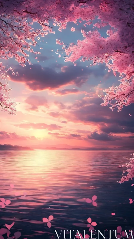 Twilight blossoms drifting over a calm rose-tinted lake.