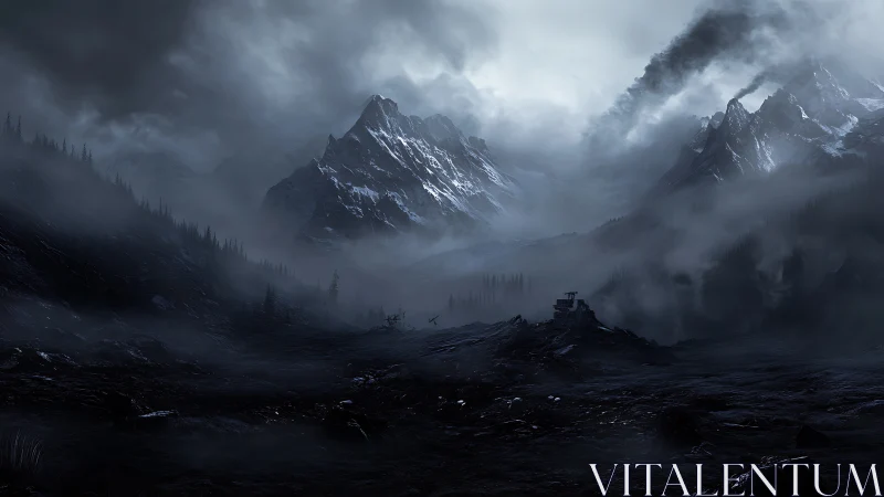 Bleak snowy mountains and fortress in dark misty valley.