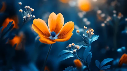 Orange Cosmos Flower Against Blue Bokeh Background.