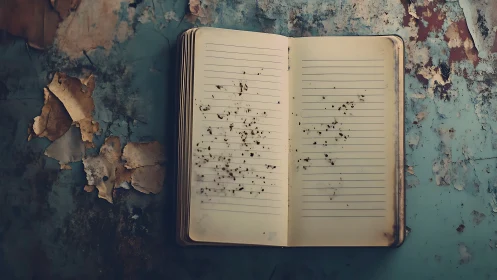 Open lined notebook on aged, peeling blue surface.