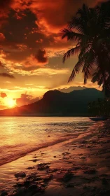 Tropical shoreline glows under intense orange sunset sky