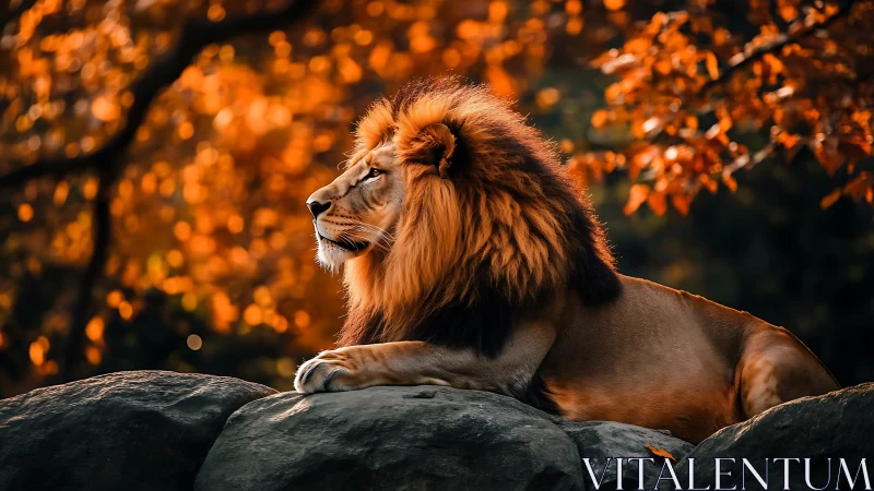 Photorealistic autumn lion portrait on rocky foreground plane.