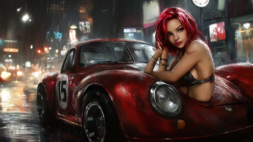 Woman leaning on red race car in rainy night city street.