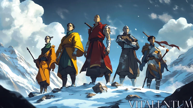 Mountain monks stand defiant atop windswept snowy ridgeline.