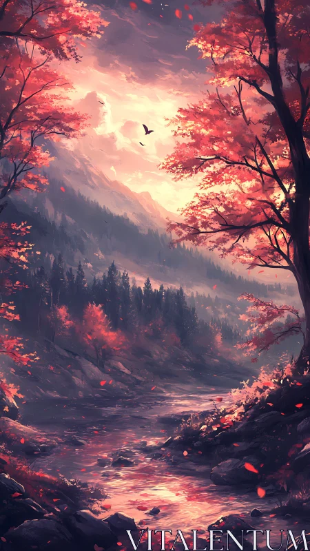 Sunlit autumn river winds through misty mountain valley.