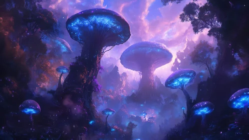 Glowing mushroom forest welcomes viewers into soft neon dusk