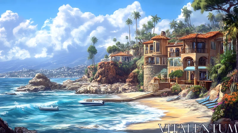 Mediterranean cliffside villas overlook turquoise surf. Period.