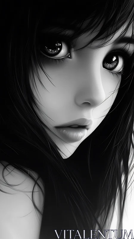 Monochrome anime portrait with luminous reflective eyes.