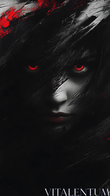 Crimson-eyed shadow portrait with stark monochrome contrast.