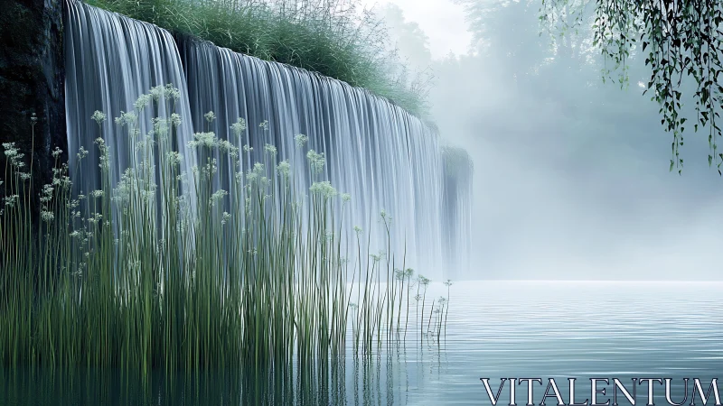 Mist-veiled cascade with emergent reeds along tranquil lake edge
