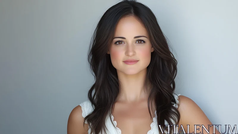 Confident brunette woman portrait against soft gray wall.