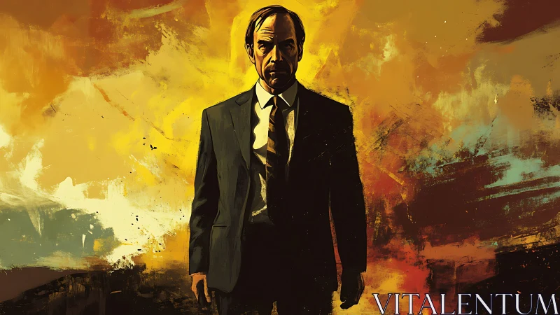 Solitary businessman in abstract golden inferno backdrop.