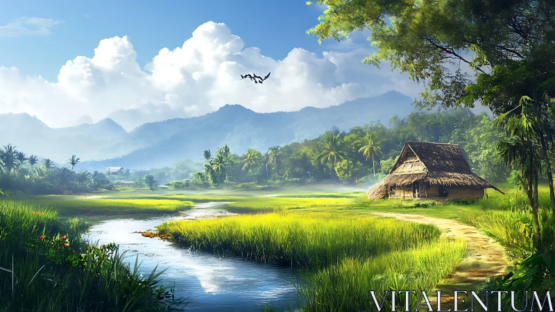 Sunlit rice valley curls around a quiet riverside hut