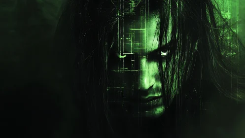 Brooding cyber figure peers through glowing green data veil