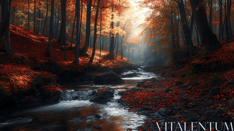 Autumn Forest Stream Illuminated by Golden Sunlight