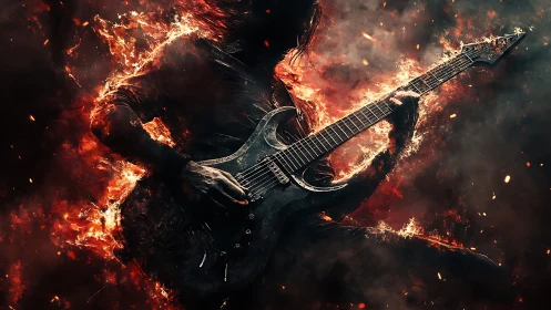 Silhouetted electric guitarist is rendered amid dynamic fiery effects