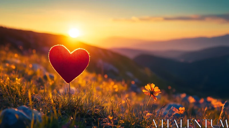 Golden Sunset Love: Heart Glowing in Wildflower Meadow.