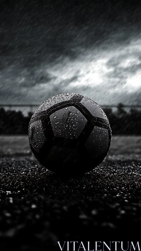 Rain soaked soccer ball under stormy sky with high contrast lighting