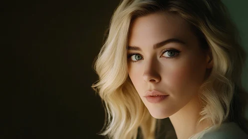 Glimmer-eyed blonde in quiet chiaroscuro calm portrait.