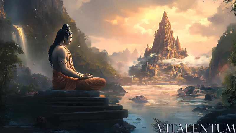 Meditative figure surveying luminous river-temple valley.