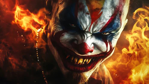 Fiery sinister clown portrait with a wicked burning grin.