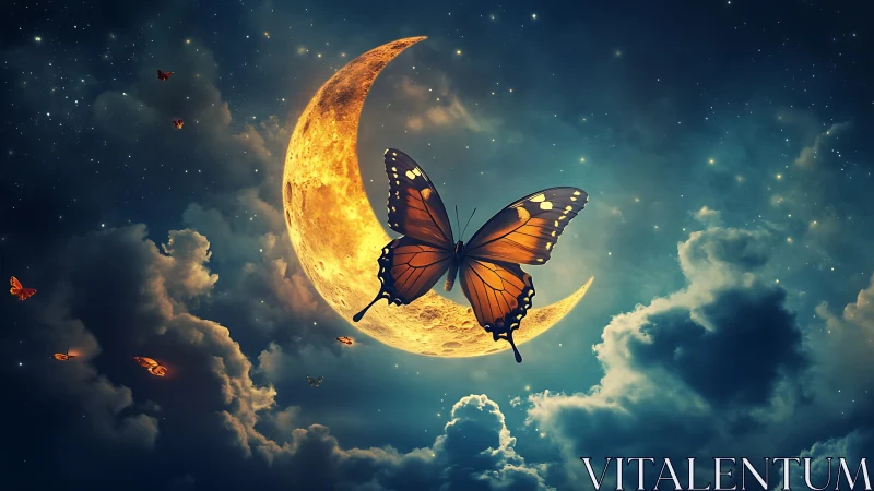 Butterfly positioned before crescent moon in cloudy night sky.