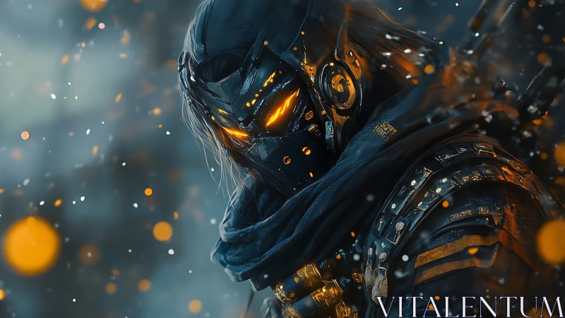 Ember-eyed cyber ranger stalking through neon froststorm.