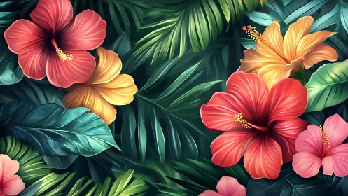 Tropical Blooms Dancing Among Lush Emerald Leaves