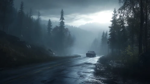 Car on wet forest road under overcast evening sky.