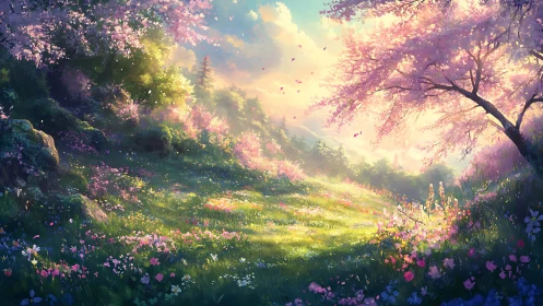 Sunlit cherry blossom meadow with glowing spring blooms.