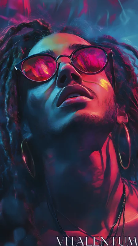 Neon-lit portrait captures upward gaze through reflective shades