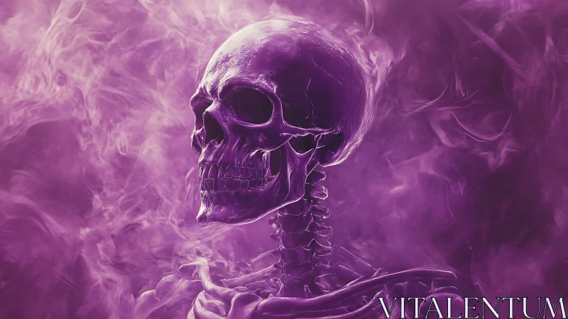 Luminous violet skull emerges through swirling spectral mist.